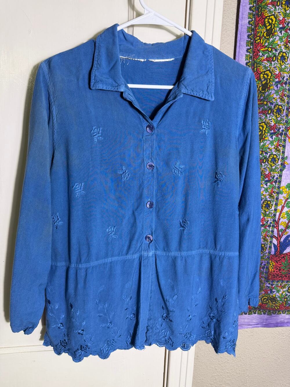 Blue Embroidered Rose Button Blouse Scalloped Hem Cottagecore Boho Tunic